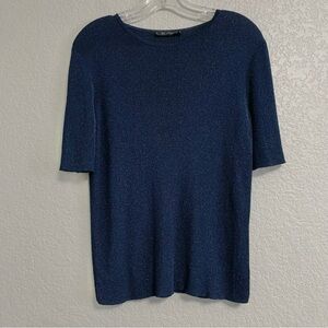 St John Sweater Womens S/M Rib Knit Metallic Short Sleeve Navy Preppy Classic